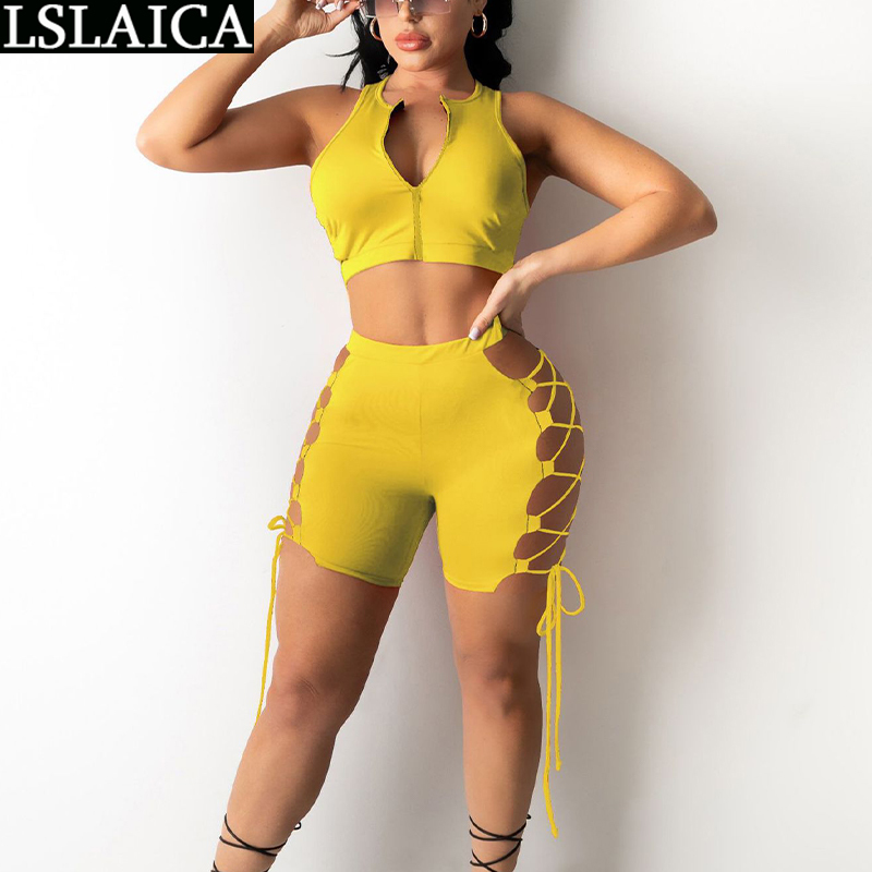 

Drop Two Piece Set Solid Women Summer Top&Shorts Criss-corss Lacing Up Hollow Out Sexy 's Clothes Sport 210520, White