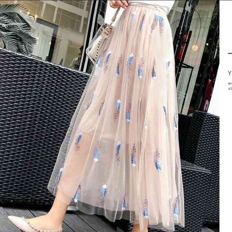 

Summer Net Yarn Women Skirts Feather pattern Embroidery Mesh For Girls Fairy Long Female 210525, Pink