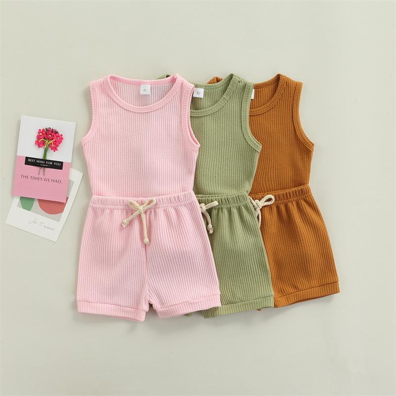 

Clothing Sets Summer Baby Boys Girls Outfits Simple Solid Color Classic Tank Tops Lace-up Shorts 2 Piece Child Girl Orn Set, White