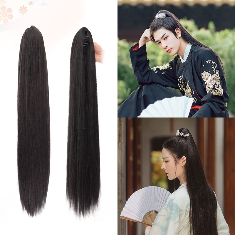 

mouth Wig horsetail tiger clip straight hair Han suit men's and women's ancient costume hair contract style wig, Gripping horsetail - 55cm