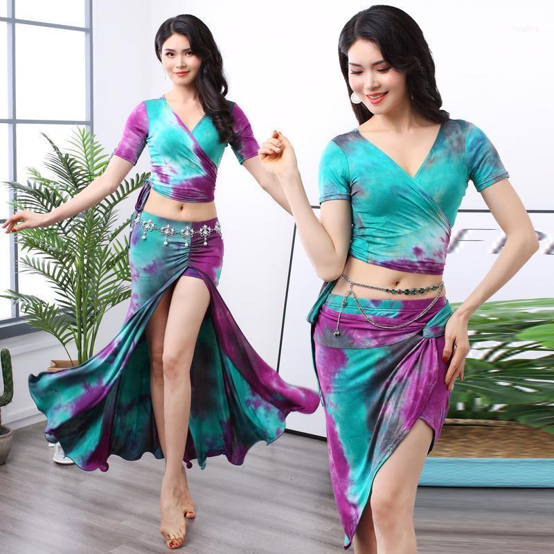 

Women Sexy V-Neck Colorful Belly Costume Dance Set Tops+Skirt 2 Pieces Beginners Practice Costumes Ladies Bellydance Suit DL46081, 2 pieces set