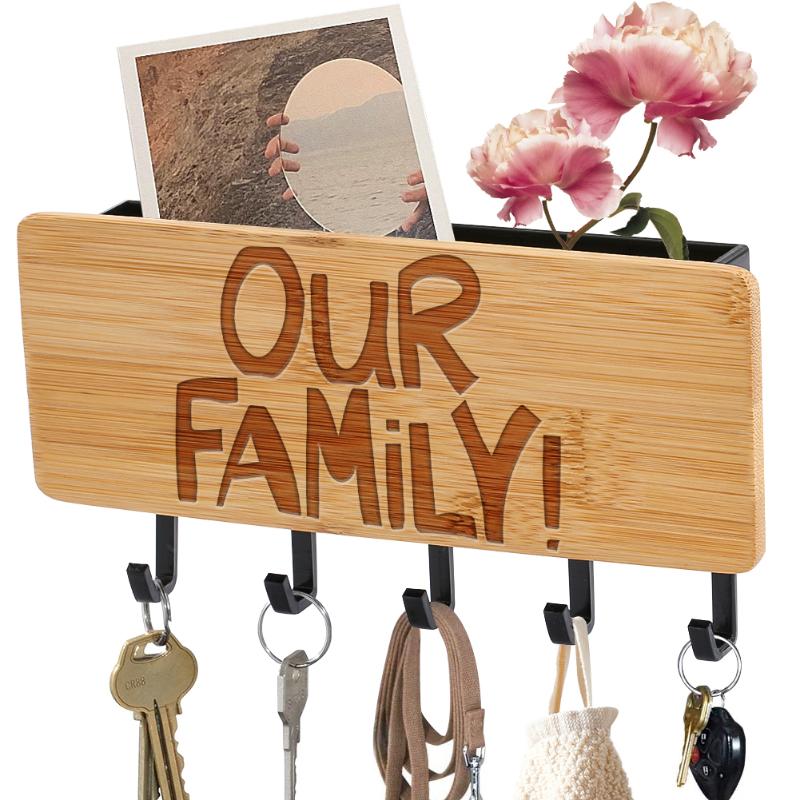

Hooks & Rails Our Family Engraved Personalized Bamboo Key Rack Wall-Mounted Sundries Storage Holder 5 Home Wall Decor Hanger