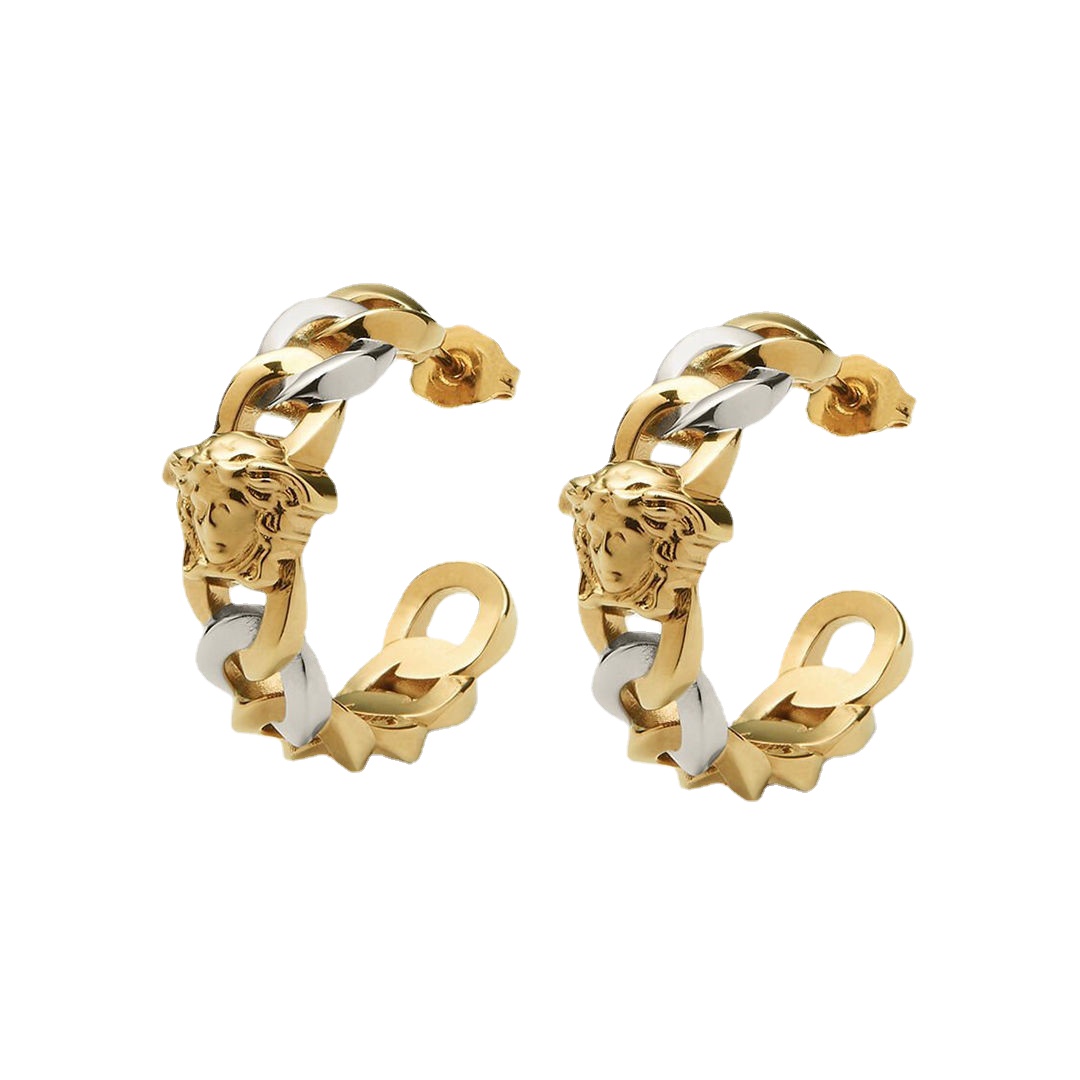 

(High-quality) Retro Beauty Head Medusa Half Circle C-shaped Gold and Silver Contrast Earrings Advanced designer Earrings.