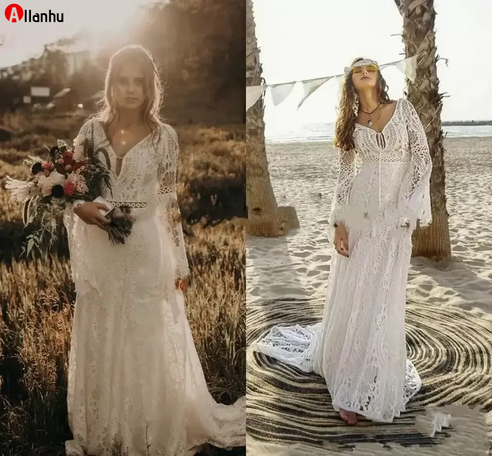 

Vintage Crochet Lace Wedding Dresses with Long Sleeve 2022 V-neck Mermaid Hippie Western Country Cowgirl Bohemian Bride Gowns gdf, White