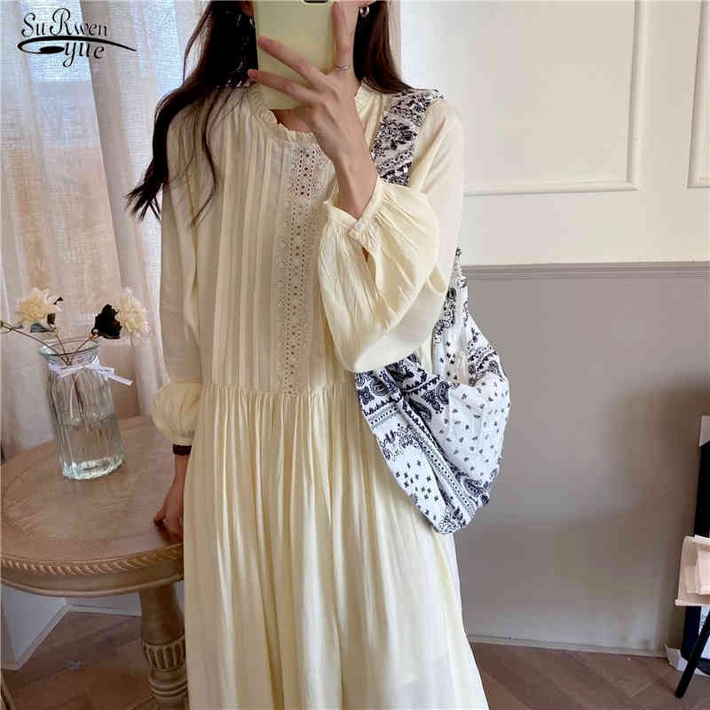

Comfortable Long Sleeves Lace Early Elegant Autumn Dresses White Sweet Stylish Gentle Loose Solid Vestidoes 14515 210521, Beige