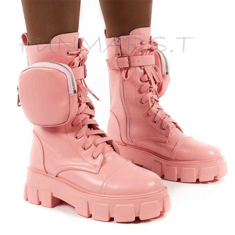 

2020 New Chunky Boots Fashion Pocket Platform Women Ankle Female Sole Pouch Motorcycle Shoes Botas Mujer Y0910, Blue