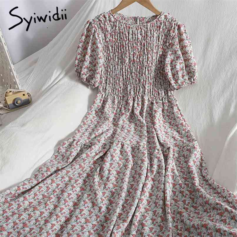 

Floral Print Folds Womens Dresses High Waist Ruffles Spliced O-Neck Puff Sleeve A-Line Summer Korean Clothing 210607, White red