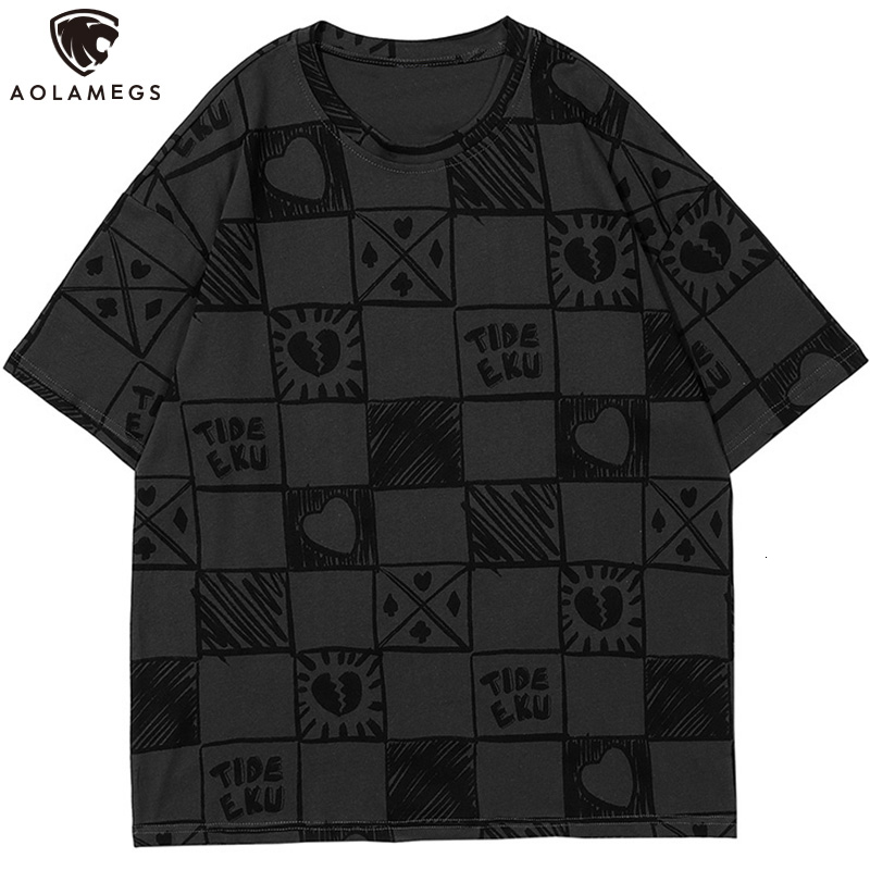 

Men's Polos Aolamegs men's shirt heart plaid letter printed cotton tops t summer vintage baggy casual hip hop fashion all-match streetwear, Black
