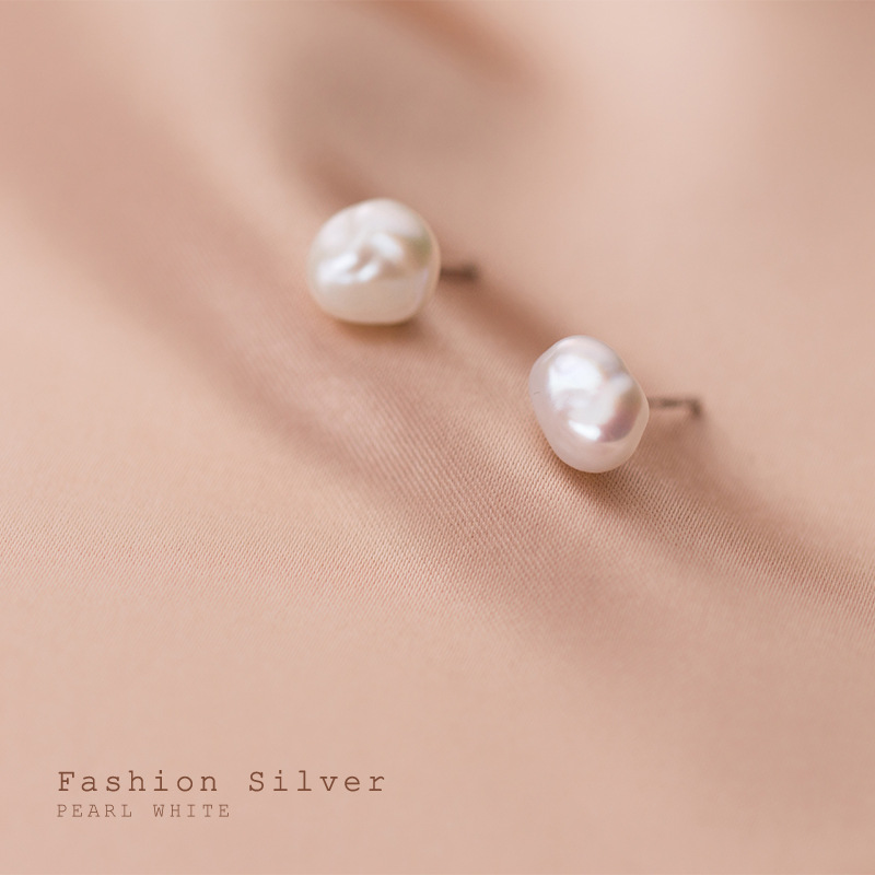 

Authentic 925 Sterling Silver Sweet Irregular Baroque Pearl Stud Earrings For Women Wedding Party FIne Jewelry, Golden;silver