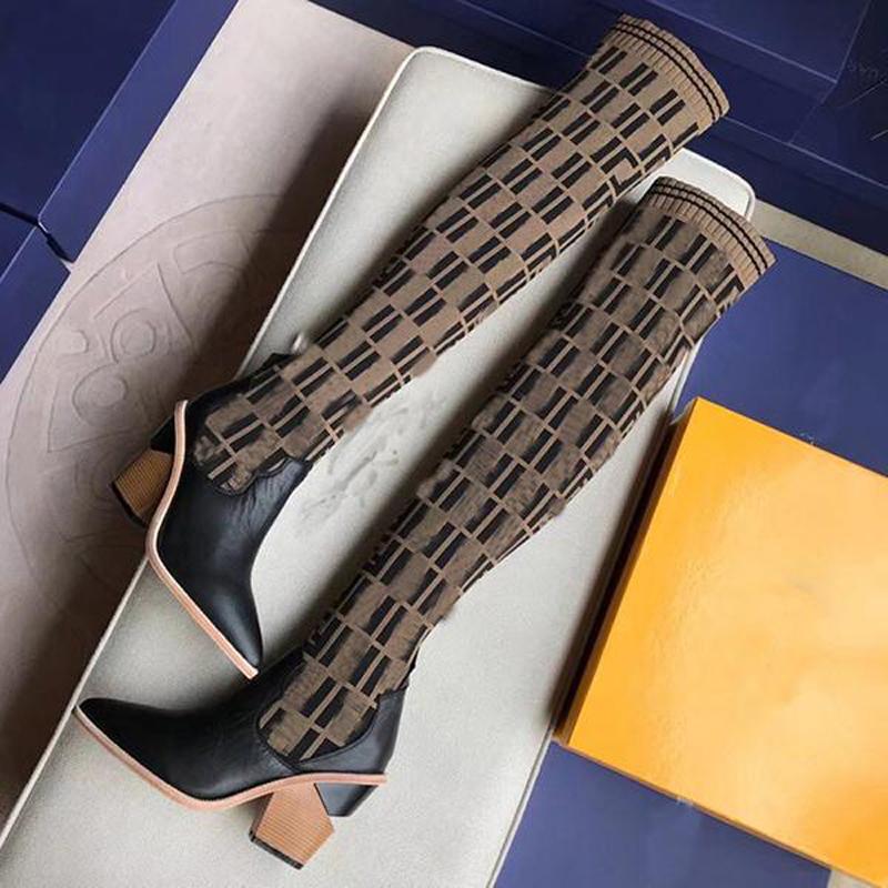 

2021 outdoor sexy fashion leisure temperament women's 22 inch knitted socks boots 9.5CM thigh high breathable elastic pointed toe short heel, Style 1
