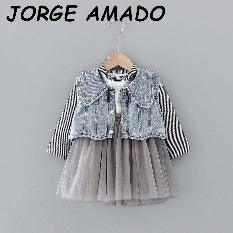 

Girl's Dresses Girls Stripe Gauze Long Sleeve +Denim Vest 2pcs Set fashion Clothing Sets Kids Clothes 1-5T E20141 5EW7, Blue
