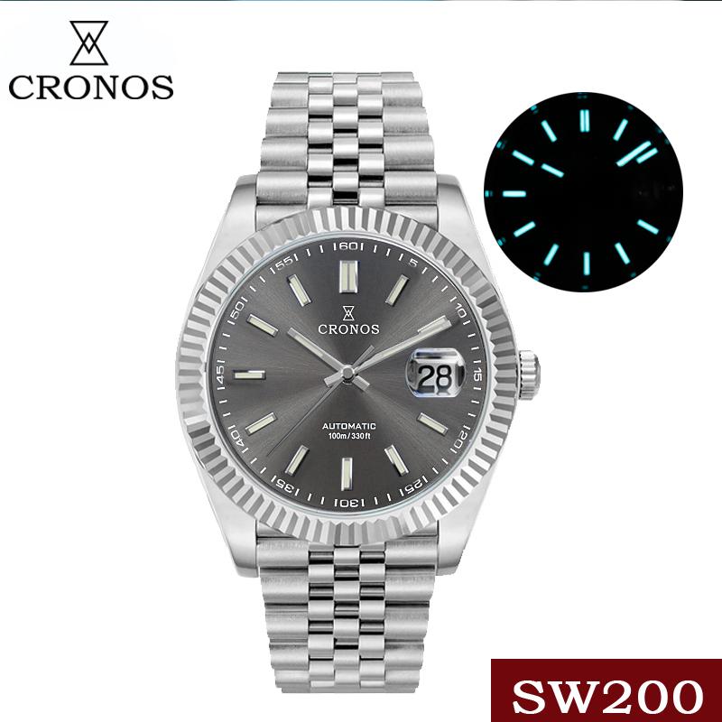 

Wristwatches Cronos Date Luxury Men Dress Watch Stainless Steel 5 Links Bracelet Copper-Nickel Platinum PVD Bezel 100m Water Resistant, White nl sw200