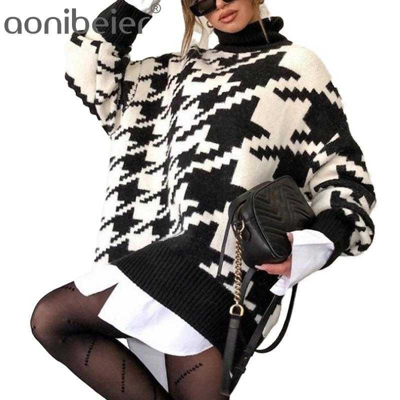 

Women Turtleneck Houndstooth Sweaters Girls Oversized Female Pulovers Winter Fall Long Sleeve Loose Top Warm Jumper 210604, Black