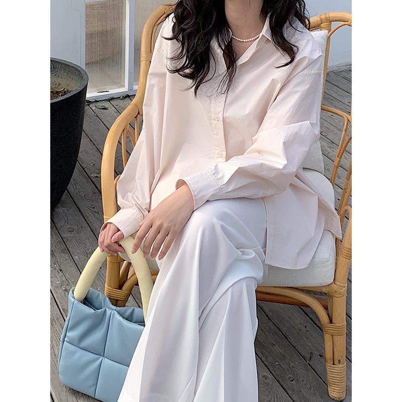 

Women's Blouses & Shirts Pure Color 2021 Cotton Long Sleeve Temperament Commuting Lapel French Cardigan Single Breasted Chiffon White Shirt, Beige