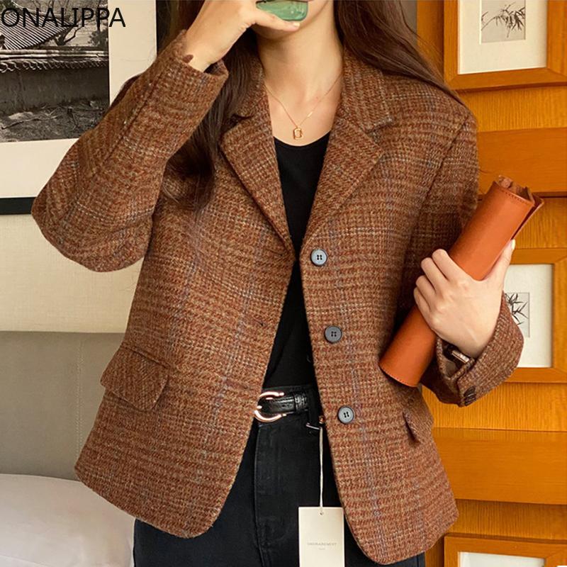 Vestes Femmes Onalippa Femmes Cardigan 2021 Automne Hiver Tempéramament Français Retro revers TROIS BOUTONS VESTE DE LAINÈRE À manches longues en