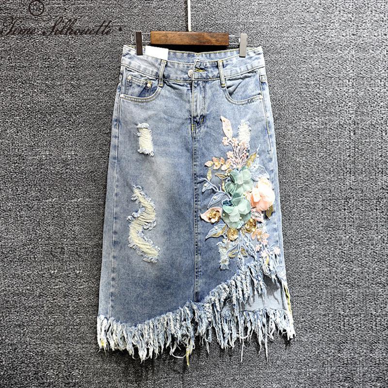 

Skirts Fashion Floral Sequined Tassel Jeans Skirt Women 2021 Autumn High Waist Embroidery Denim Long A-line H148, Blue