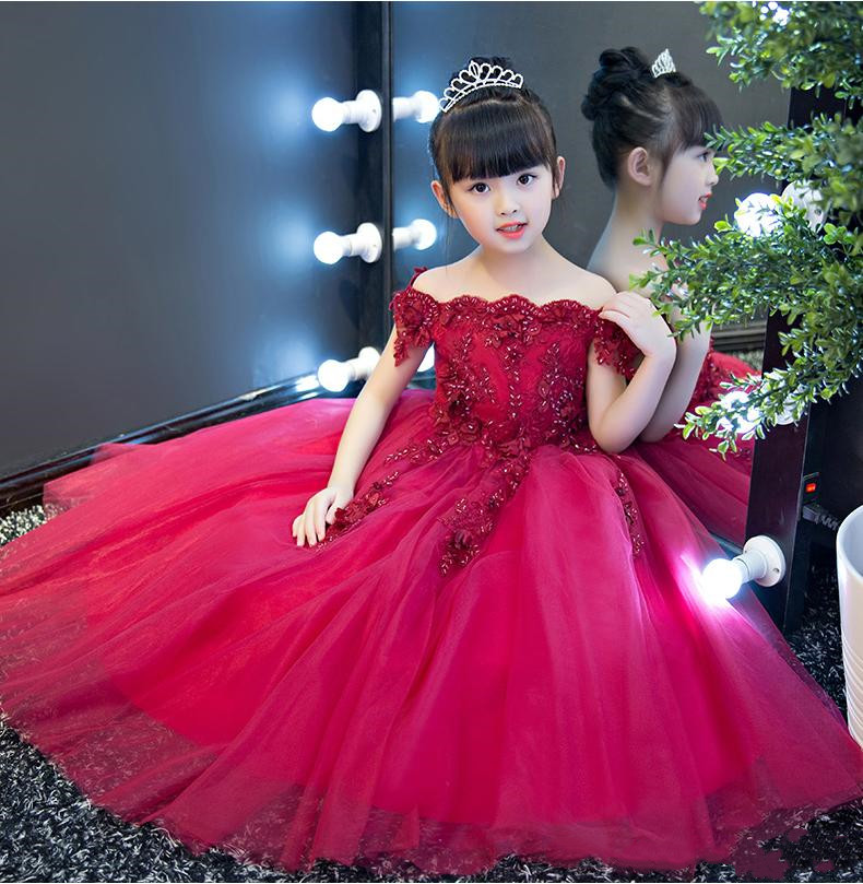 

Lovely Wine Silver Applique Beads Girl's Pageant Flower Girl Dresses Princess Party Child Skirt Custom, White