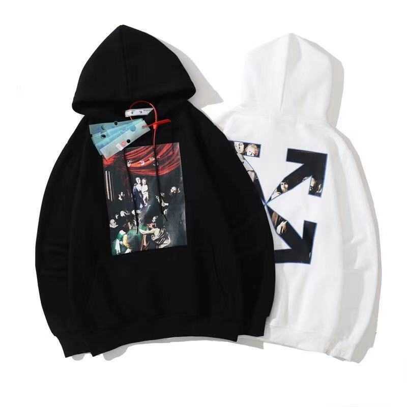 

2021 autumn winter new off virgin oil painting series pattern hooded Plush sweater for men and women, White