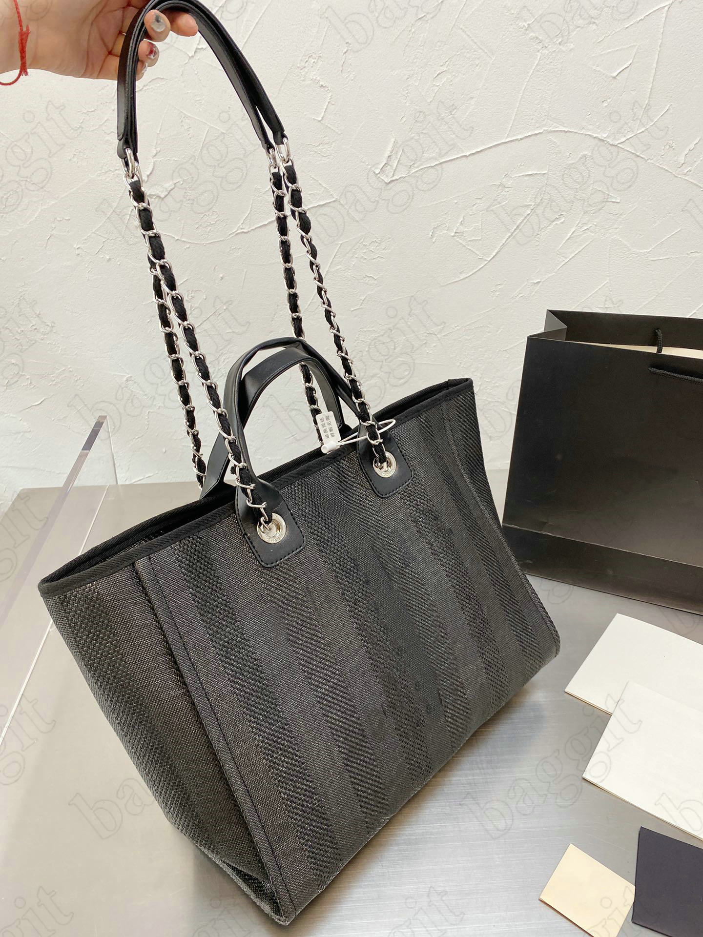 

Deauville Canvas Tote Shoper Bag Beige Grey Denim Straw Lurex Chain Shoulder Bags Womens Designers CrossBody Raffia Calfskin Striped Handle