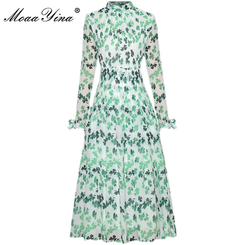 

Fashion Designer dress Summer Women's Dress Long sleeve Green Floral print Chiffon Vacation Midi 210524