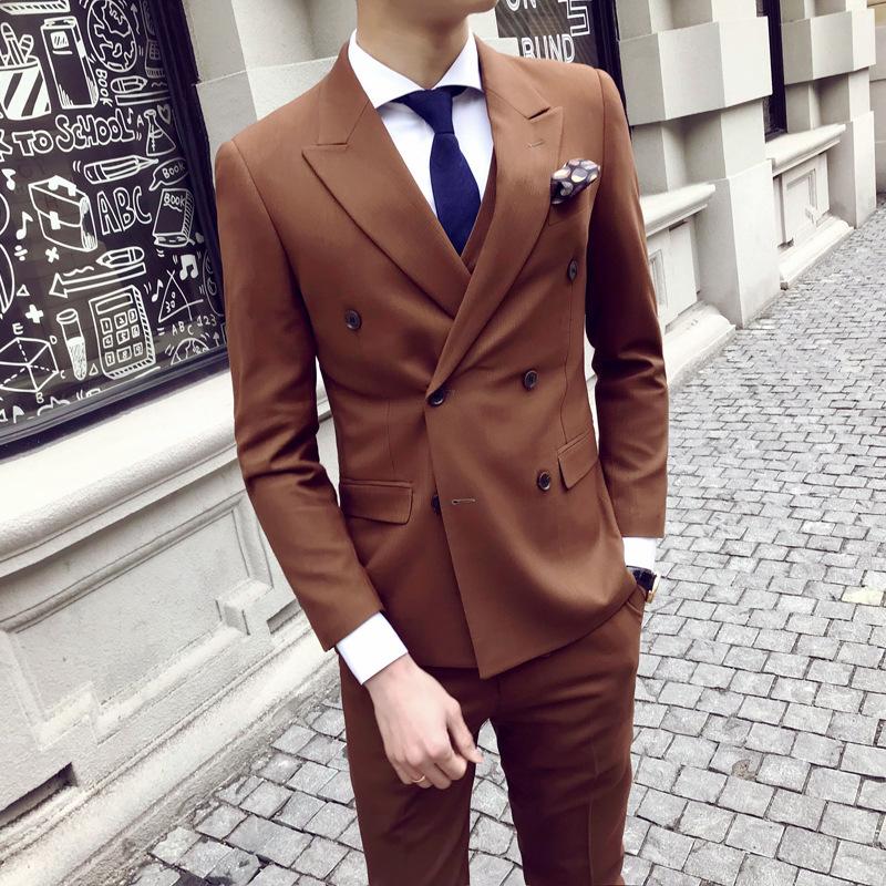 

Men's Suits & Blazers 2021 Brown Customized Wedding Men Suit Double Breasted Groom Prom Tuxedo Terno Masculino 3 Pieces ( Jacket+Pants+Vest), Blue