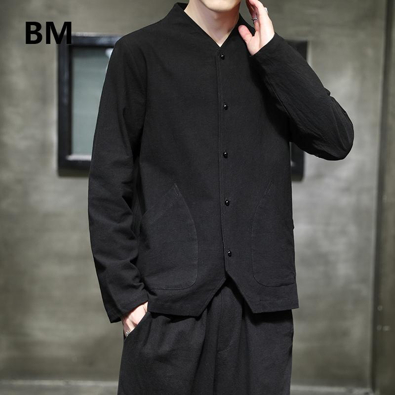 

Men's Casual Shirts Chinese Style Autumn Long Sleeve Shirt Loose Cotton Linen Buttoned Clothes Men Clothing Ethnic Black Tops Male