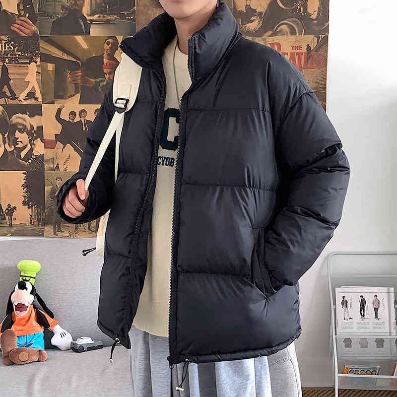 

cotton 2021 winter new men's and women's same pure color plush thickened trend loose stand collar couple cotton cloth, Black