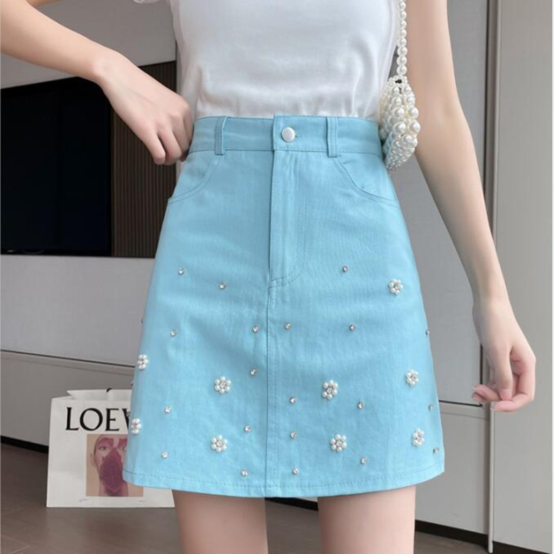 

Summer Women's Denim skirt Korean Style High-waist Diamonds and Beaded Bodycon Mini Skirt Female 210525, White