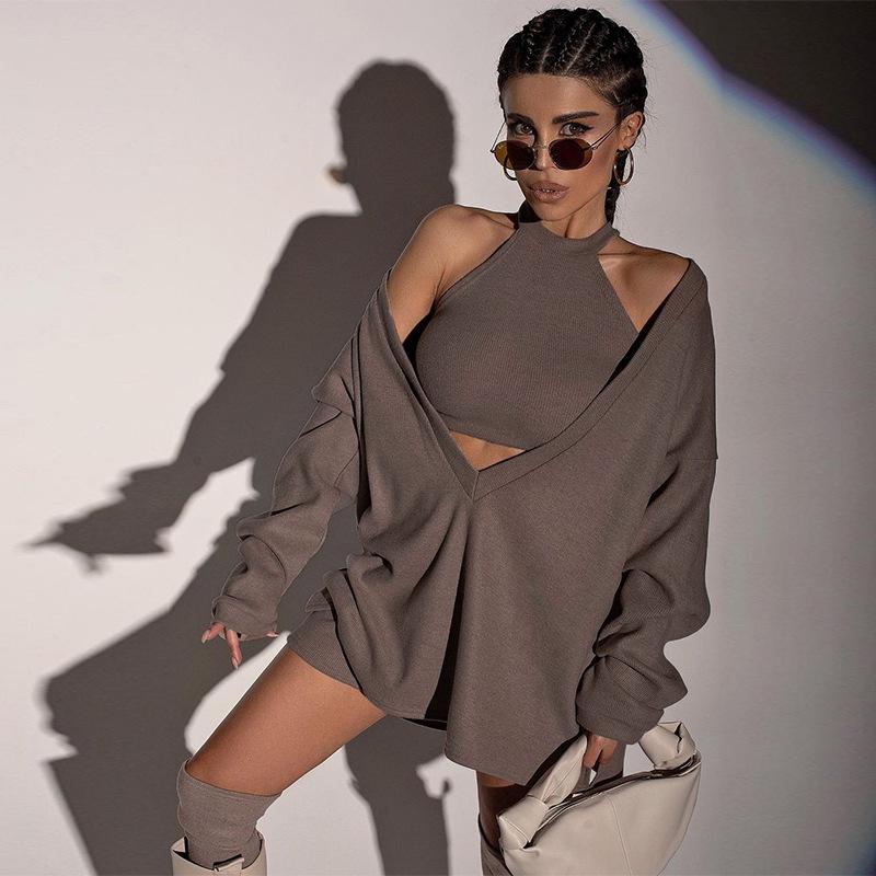

Women' Hoodies & Sweatshirts Oversized Sweatshirt And Halter Vest Two Piece Top Autumn Clothing Y2K V-Neck Pullover Blouse Crop Tank Suits, Only brown shorts