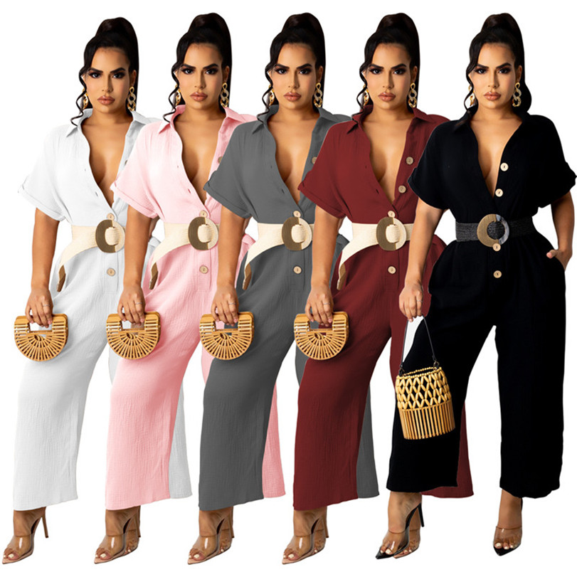 

Women Wide Leg Pants Summer Fall Jumpsuits solid-color Short Sleeve Overalls Solid Bodysuits 2X Autumn Playsuits Casual Clothes Rompers 5596, White