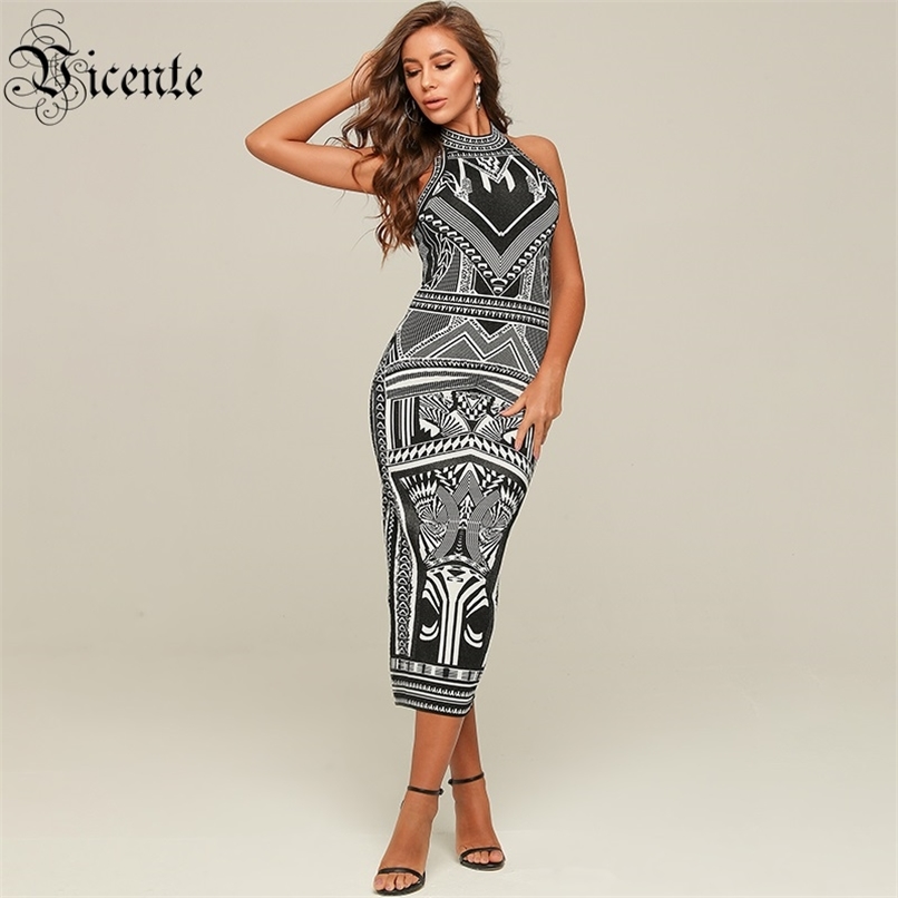 

Free Women Geometric Jacquard Dress Sexy Halter Sleeveless Vestido Celebrity Christmas Party Bandage Maxi 210520, Multi
