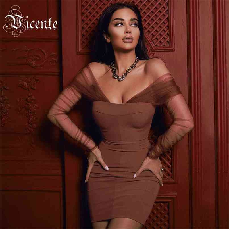 

Trendy Brown Voile Draped Splicing Design Sexy Off Shoulder Celebrity Party Club Mini Dress 210520