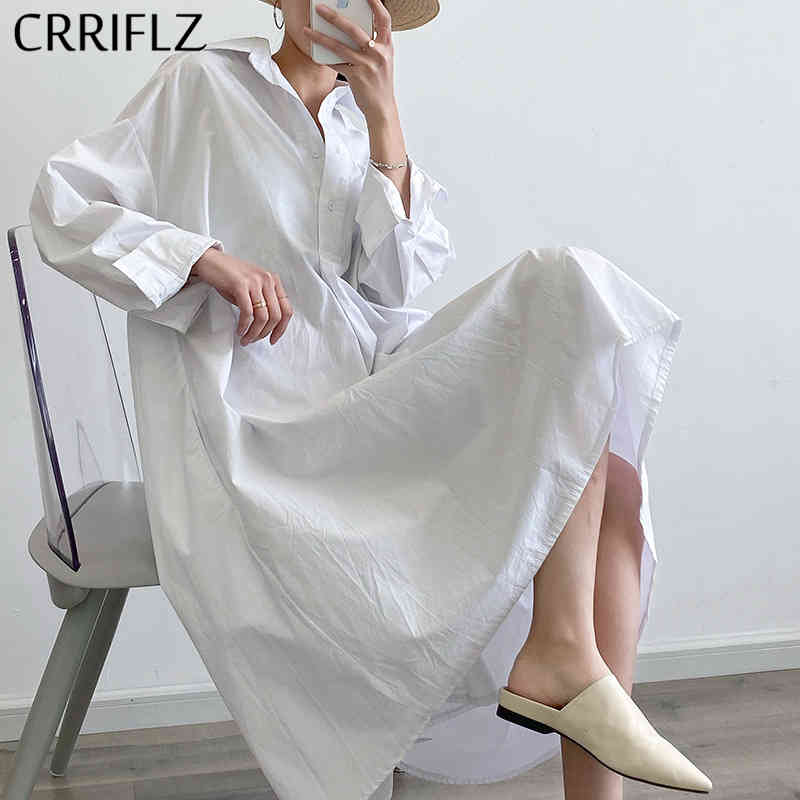 

Summer Fashion Cotton Loose Shirt Dress Women Casual Full Sleeve Turn-down Collar Solid Mid-calf CRRIFLZ 210520, White
