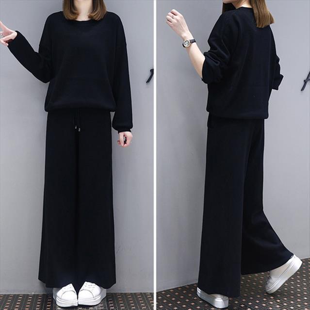 

black knicker western style womenpant tracksuit leisure loose sweater and wide leg pants twinset two piece suit, White