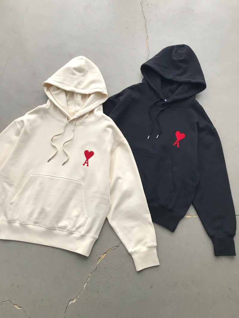 

Hoodies Sweatshirts Men Women Cotton Long Sleeve Sweater AMI Hoodie Red Heart Embroidery 2021 Spring Fashion Top, Black