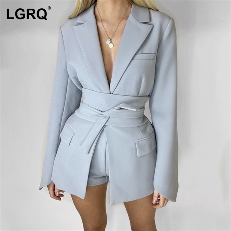 

LGRQ] Slim Fit Khaki Elegant Belted Lace Jackets Notched Neck Long Sleeve Women' Coat Fashion Autumn Winter 19D1909 211029, Apricot