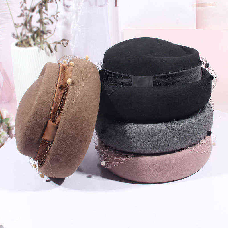 

Hat Female Autumn and Winter Elegant Bow Wool Tweed Flat Top French Lace Veil Mesh Beret