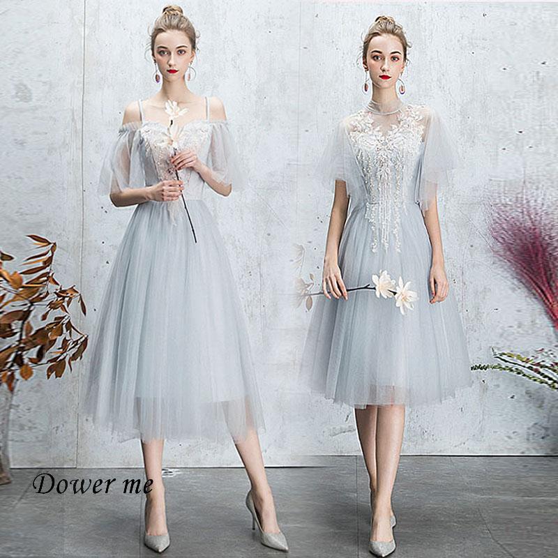 

Bridesmaid Dress Wedding Guest GR534 Elegant Gray For Girls Crystal Lace Boat Neck Dresses Tulle Party Gowns