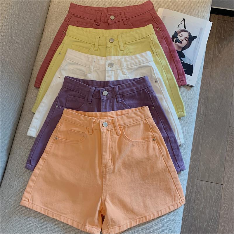 

high waist solid candy womens jeans color thin denim short fashion wide slim summer streetwear jogger pantalon korean ladies, Blue