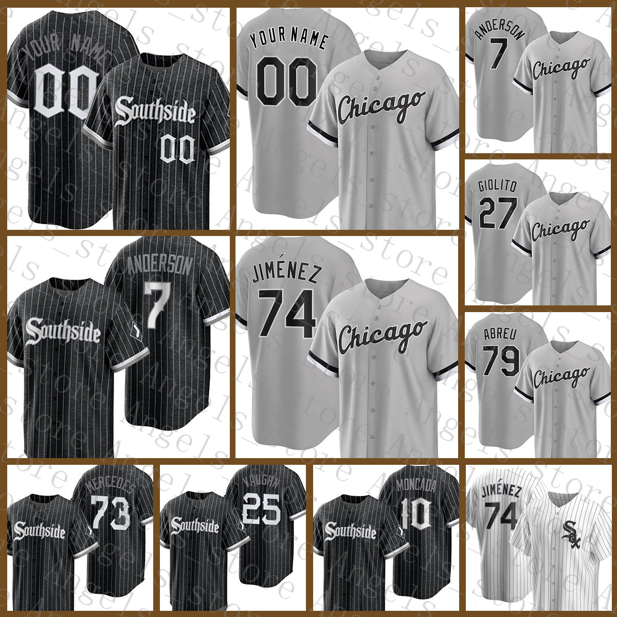 

Chicago Southside White Baseball Jersey Sox 7 Tim Anderson 74 Eloy Jimenez 27 Lucas Giolito 10 Yoan Moncada 25 Andrew Vaughn 73 Yermin Merce, Blue;black