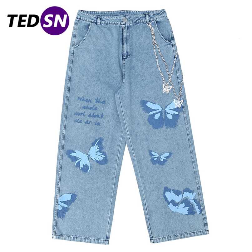 

TEDSN Hip Hop Jeans Straight Wide Leg Pants Harajuku Oversize Streetwear Loose Joggers Men Baggy Trousers 211108, Blue