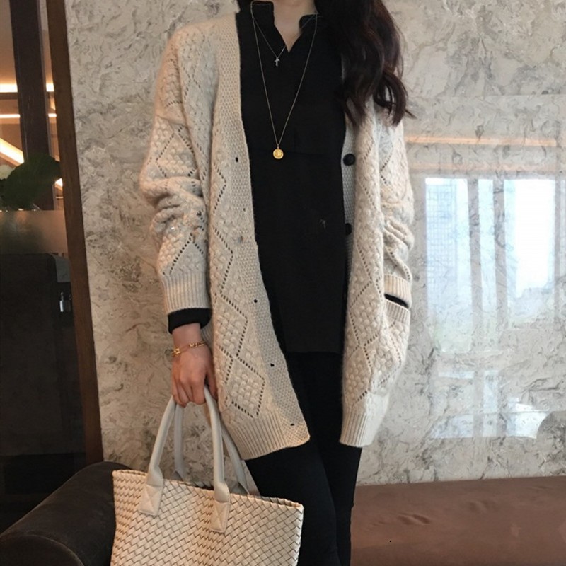 

Women's Sweaters Tailor sheep woman's knitted coat mid-length lazybones jacket with hollow pocket cardigan wool thick sweater IJHF, 1# shoe box