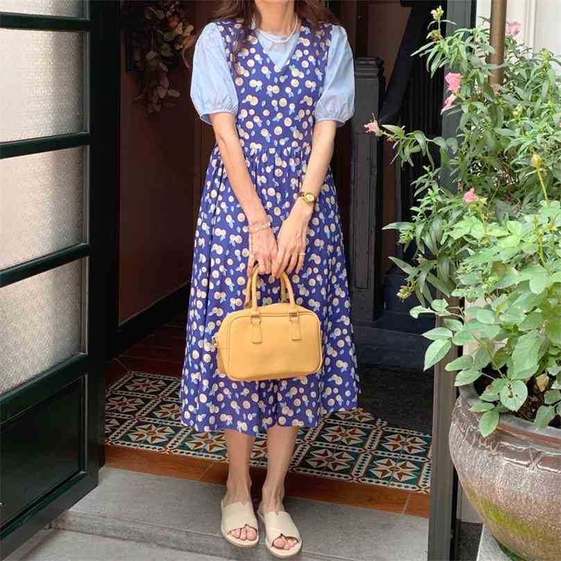 

Sweet Summer Loose Chic Elegant Blouses+ A-Line Printing Femme Slip Dresses Two Piece Suits Sets 210525, Orange