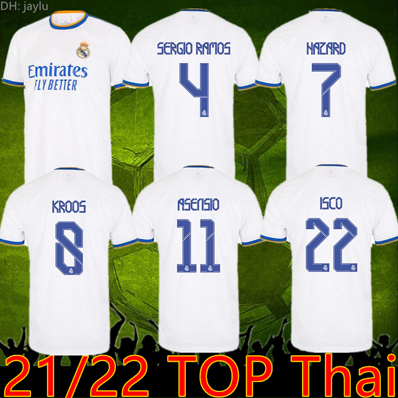 

Madrid Real soccer jersey BENZEMA Camiseta Hombre Primera Equipación Blanca 2021 22 HAZARD ASENSIO CASEMIRO SERGIO RAMOS Football shirt, White