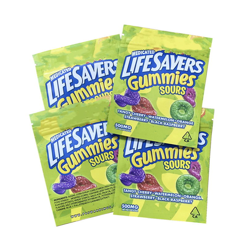 

sours sour gummies LIFESAVERS medicated plastic packaging bag 420 edible package 500mg gummy candy edibles smell proof