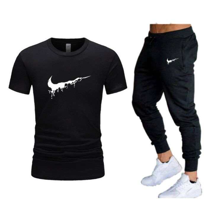 

Luxury 100% Cotton T-shirt 2 Pieces Sets Tracksuit Brand Printing Men Short Sleeves+Pants Pullover Sportwear Suit Casual Sports, Gray