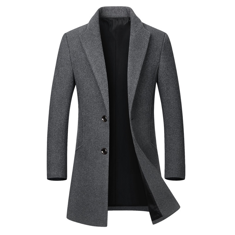 

Winter Wool Jacket Mens High-quality Wool Coat casual Slim collar wool coat Mens long cotton collar trench coat 2pcs, Black