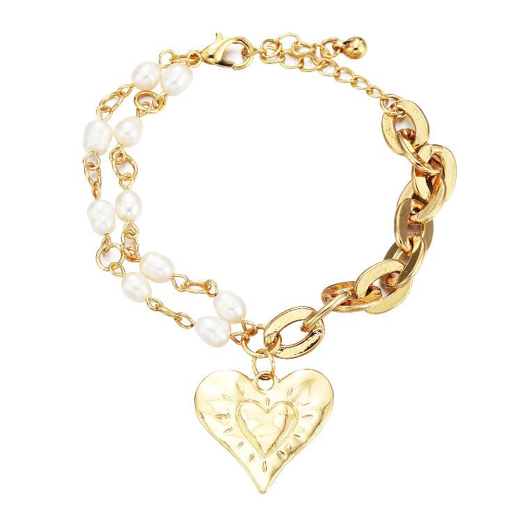 

Bangle ORNAPEADIA Fashion Chain Pearl Bracelet For Women Ladies Creative Multi-layer Two-Piece Love Pendant Bangles