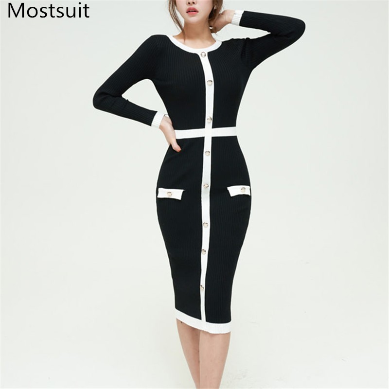 

Single-breasted Korean Elegant Pencil Dress Women Spring Long Sleeve O-neck Vintage Ladies Fashion Vestidos Femme 210518, Black