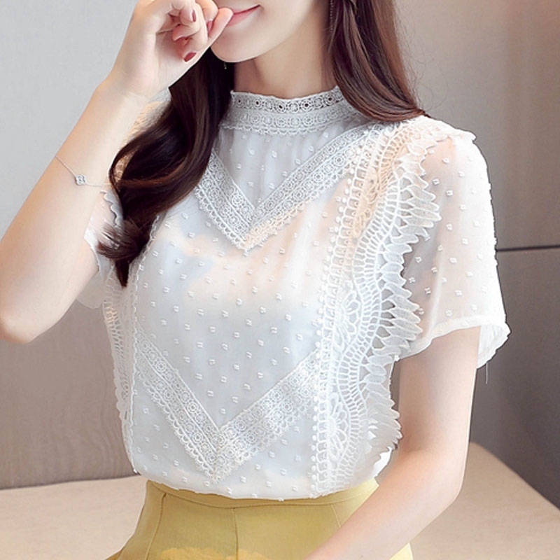 

Blouse Women Blusas Mujer De Moda Short Sleeve White Blouse Shirt Women Tops Lace Chiffon Blouse Tops Women Shirts D185 210602, Apricot
